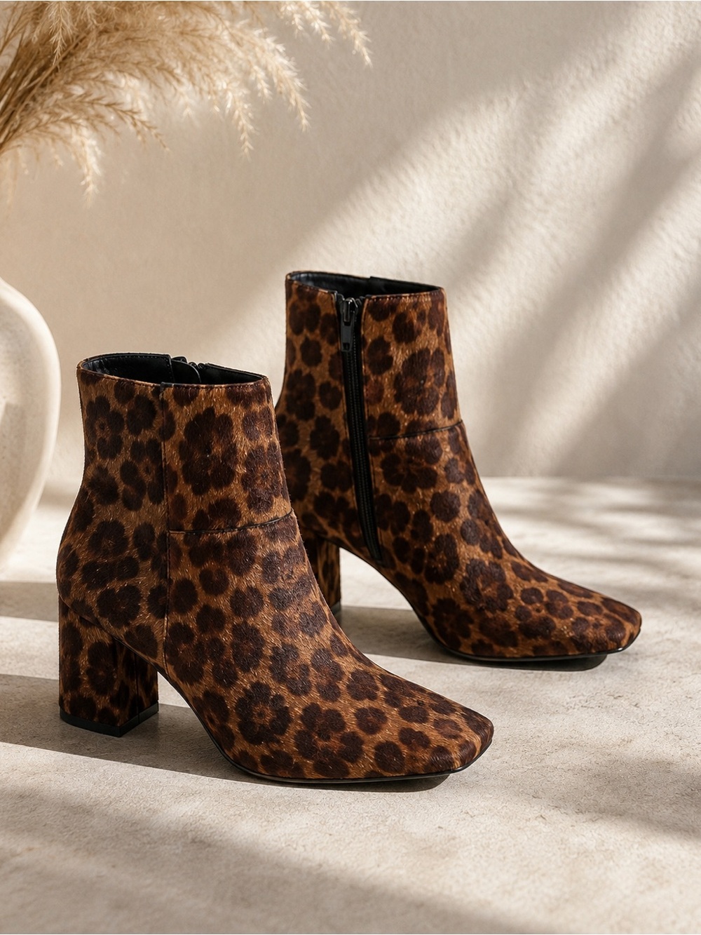 Leopard Print Block Heel Ankle Boots - Brown